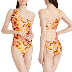 Zimmermann Mae One Shoulder Swimsuit NEW Buckle Embellished Peach Swirl NWT S